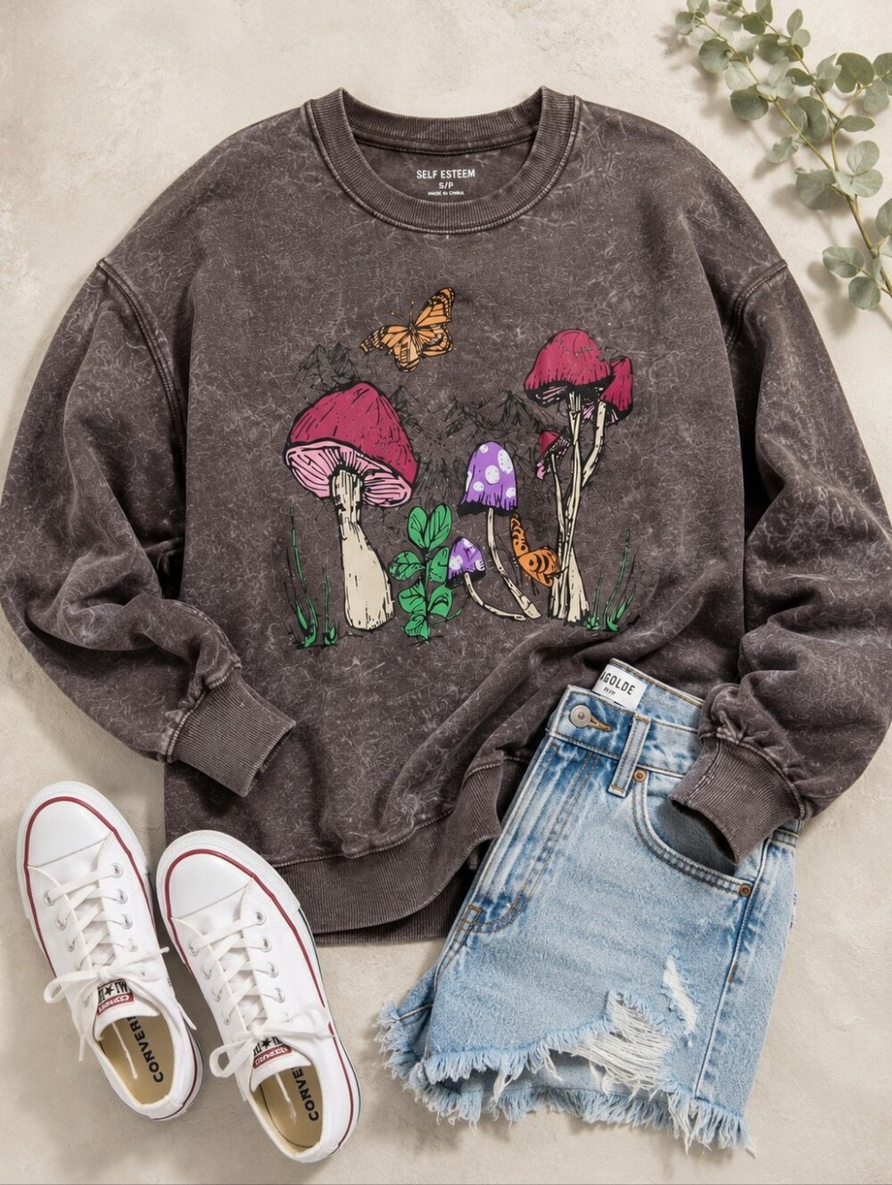 Self Esteem Mineral Wash Mushroom Graphic Sweatshirt | Cottagecore Fairy Grunge